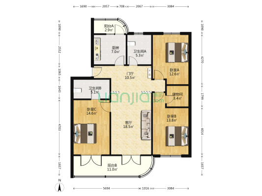 瑞奇公寓 3室1厅2卫 126平方