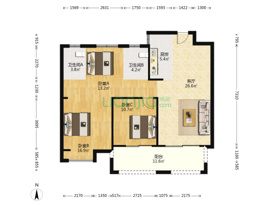 云霞家园 3室1厅2卫 113平方