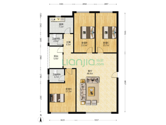 体育馆宿舍 3室1厅2卫 131平方