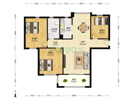 当代国际 3室1厅1卫 108平方