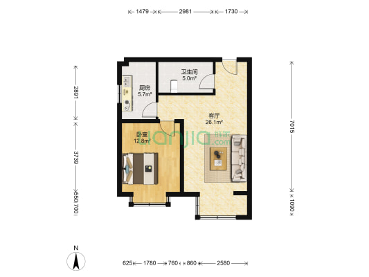 福信恒基花园西区 1室1厅1卫 62平方