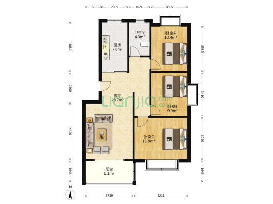 奎文住建局宿舍 3室1厅1卫 99平方