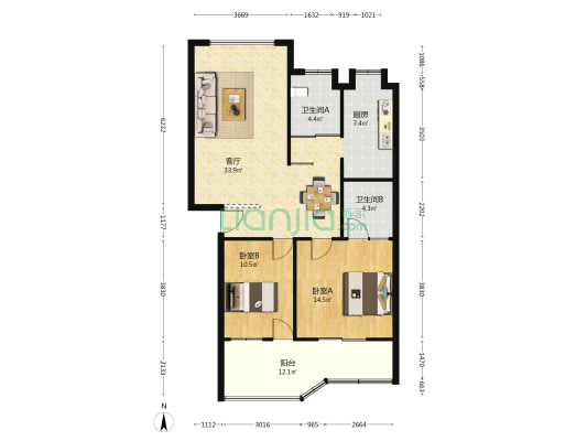 劳动局宿舍 2室1厅2卫 94平方