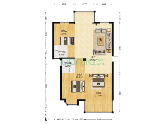 冠坤臻品 3室1厅2卫 114平方