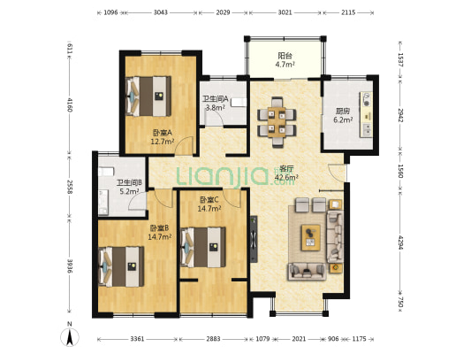 启福花园北 3室1厅2卫 126平方