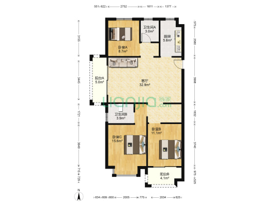 融侨悦城 3室1厅2卫 92平方