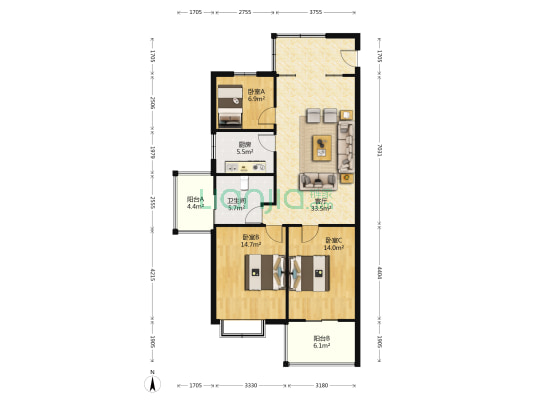 蓝爵世家 3室1厅1卫 122平方