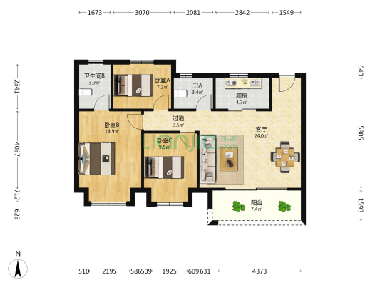 北宸壹号馨园 3室1厅2卫 103平方