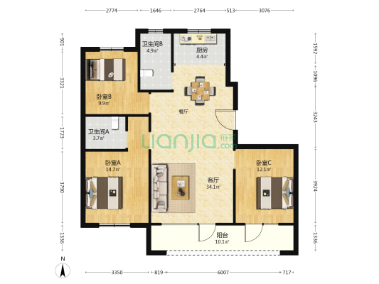 金日·君基新天地 3室1厅2卫 127平方