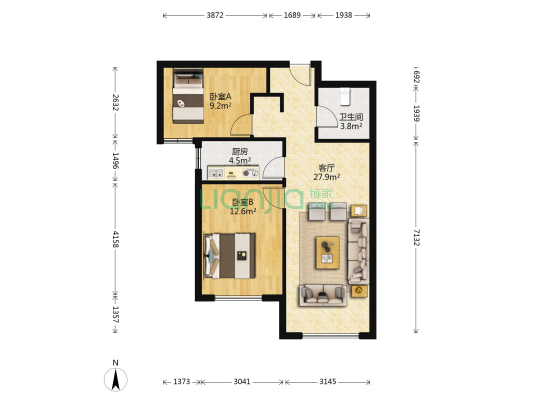 K2狮子城南区 2室1厅 南-户型图