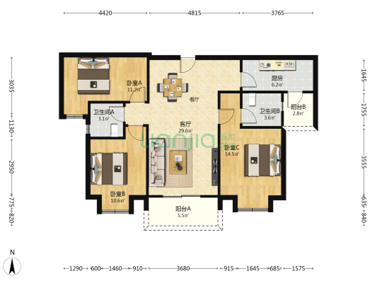 碧桂园·全景外滩 3室1厅2卫 123平方