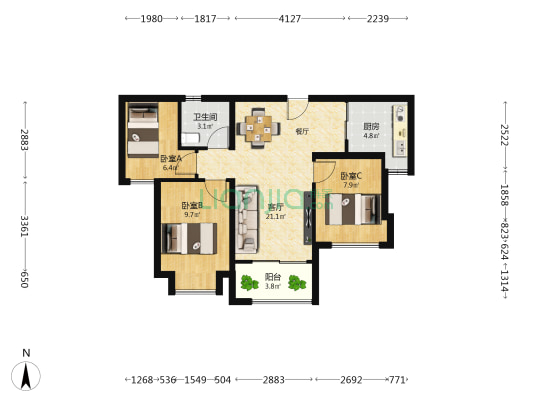 建发叁里云庐 3室1厅1卫 80平方
