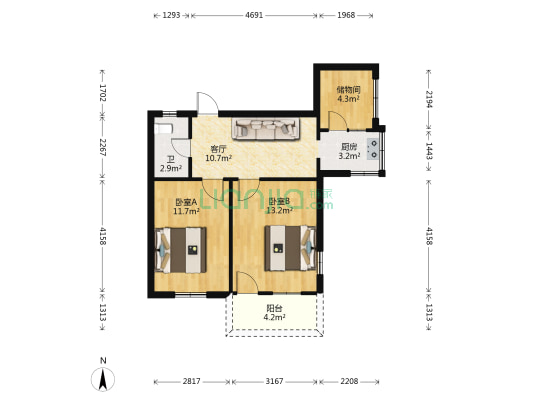 火柴厂单位宿舍 2室1厅1卫 69平方