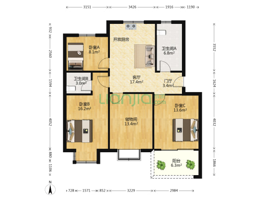昌盛花园B区 3室1厅2卫 100平方