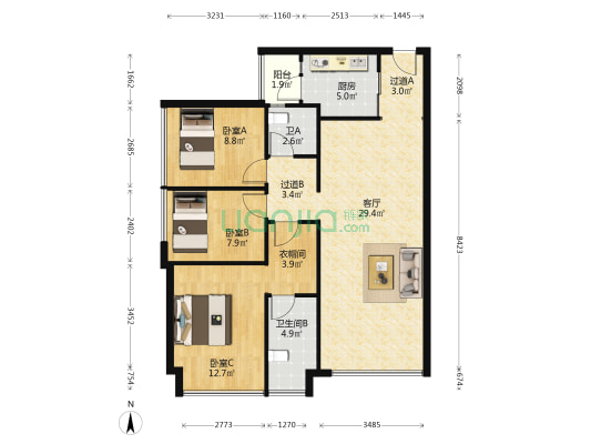 明日阳光 3室1厅2卫 95平方