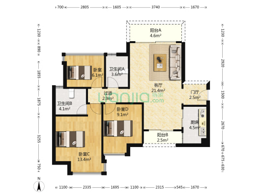 天伦华府 3室1厅2卫 90平方
