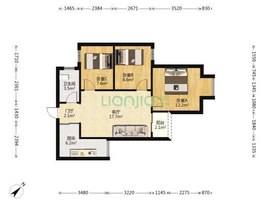 花果园B北区 3室1厅1卫 78平方