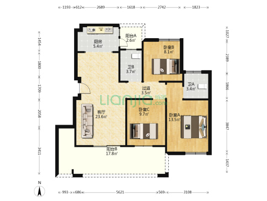 阳光中央公园 3室1厅2卫 96平方