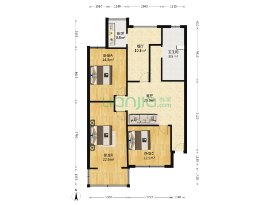 鲁巷教师小区 3室2厅1卫 112平方