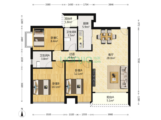 翠荷轩 3室1厅2卫 109平方
