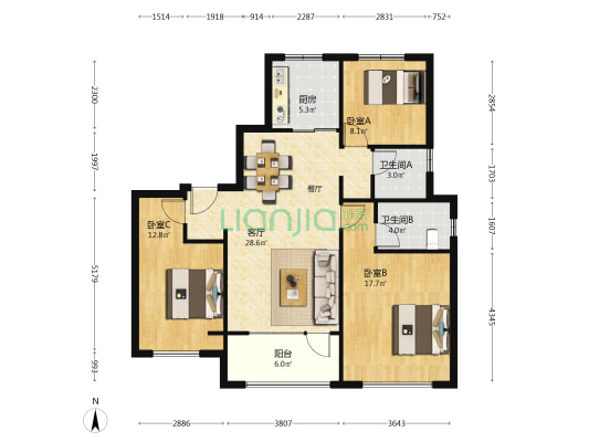 华新园君望公馆 3室1厅2卫 114平方