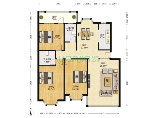美路庭园 3室2厅2卫 132平方