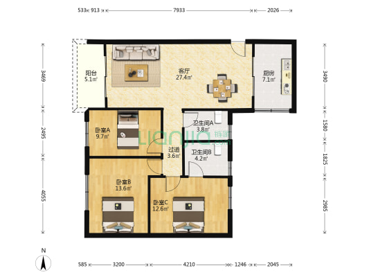 文华花园 3室1厅2卫 97平方