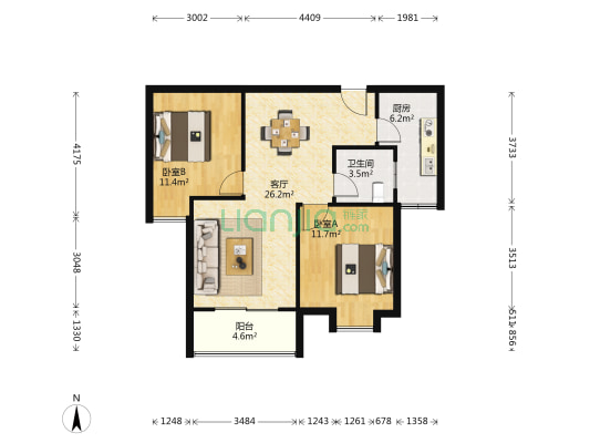 福地家园 2室1厅1卫 85平方