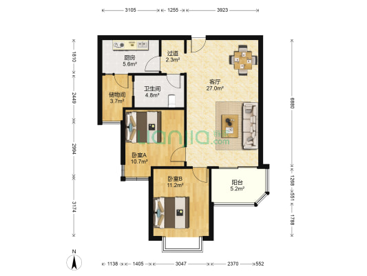 恒大名都 2室1厅1卫 92平方