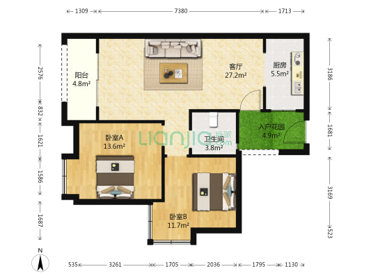 时代绿洲 2室1厅1卫 87平方