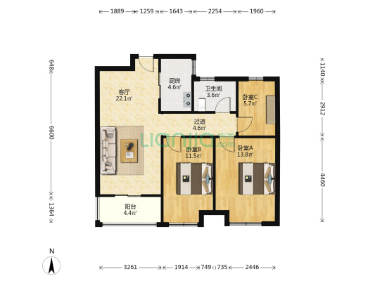七彩城小区 3室1厅1卫 91平方