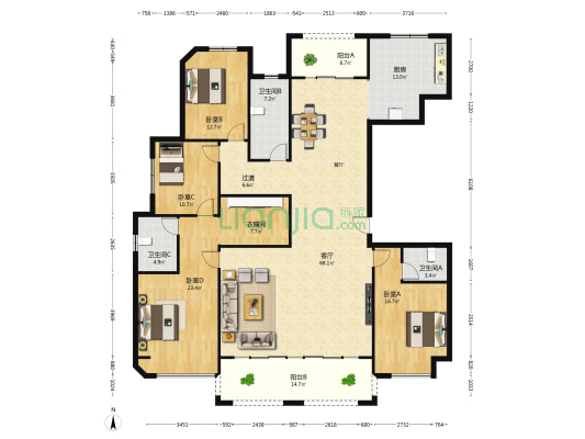 洪河富贵 4室1厅3卫 226平方