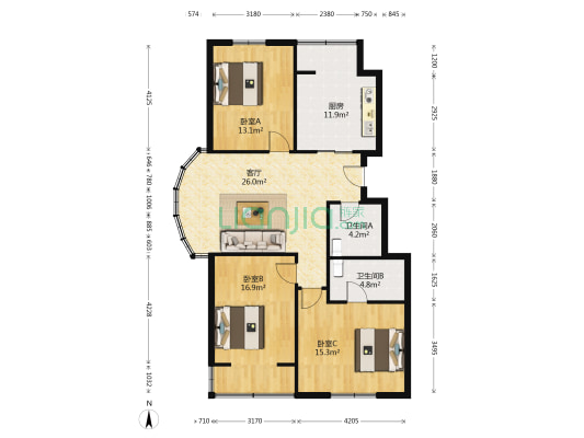 荣达馨园 3室1厅2卫 124平方