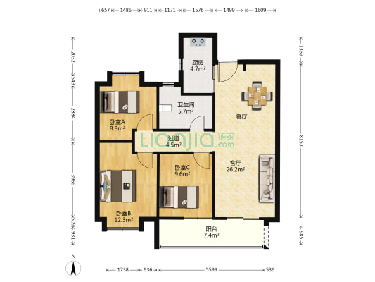 江夏府雅园 3室1厅1卫 104平方