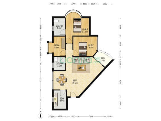 金地利广场 3室1厅2卫 95平方