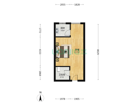 名流美域，朝北一居室，毛坯房，有本随时过户-户型图