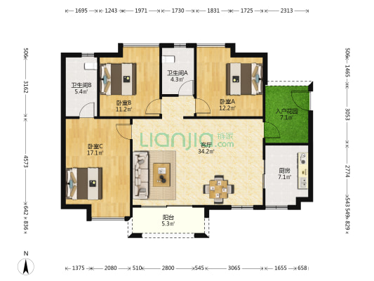 明星新村 3室1厅2卫 120平方