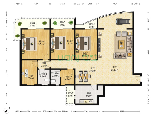 美丽蓝湾政府大楼 4室2厅2卫 196平方