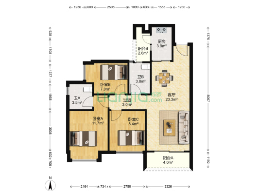 金地珑悦 3室1厅2卫 89平方