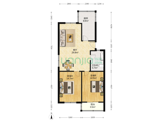 粮食二库宿舍 2室1厅1卫 87平方