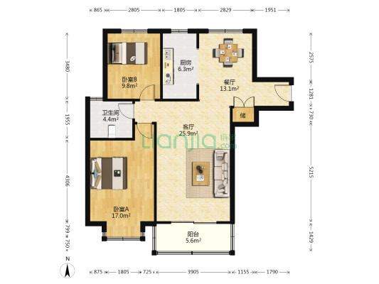 中虹花园锦绣文华 2室2厅1卫 106平方