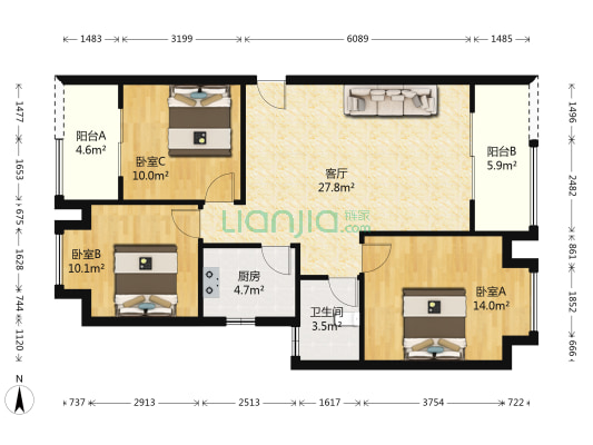 天润万象城C区 3室1厅1卫 109平方