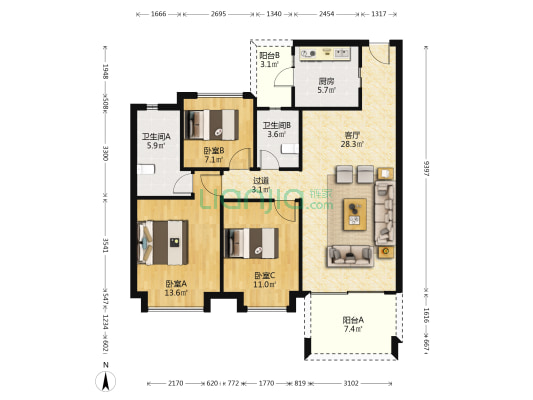 福晟钱隆华府 3室1厅2卫 107平方
