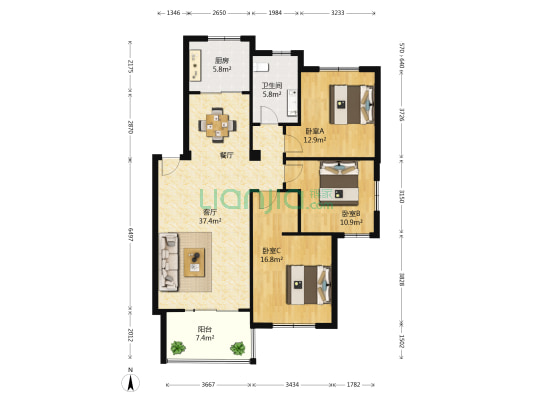江南家园 3室1厅1卫 112平方