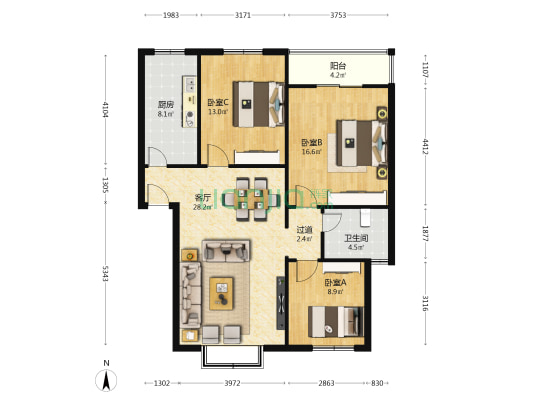 普利新居 3室1厅1卫 104平方