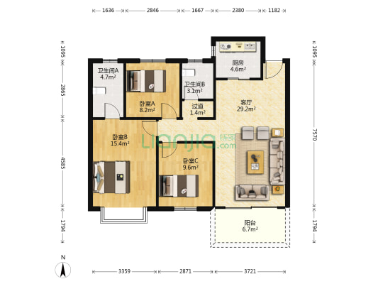 梦想新天地 3室1厅2卫 116平方