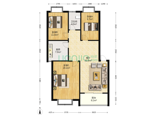 东源锦尚 3室1厅1卫 119平方
