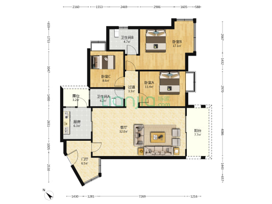 凤凰豪庭 3室1厅2卫 121平方