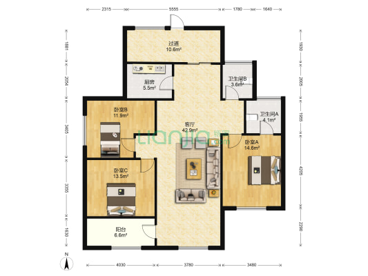 锦绣年华三期 3室1厅2卫 134平方