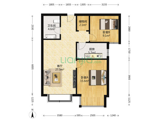 京润现代城 2室1厅1卫 85平方